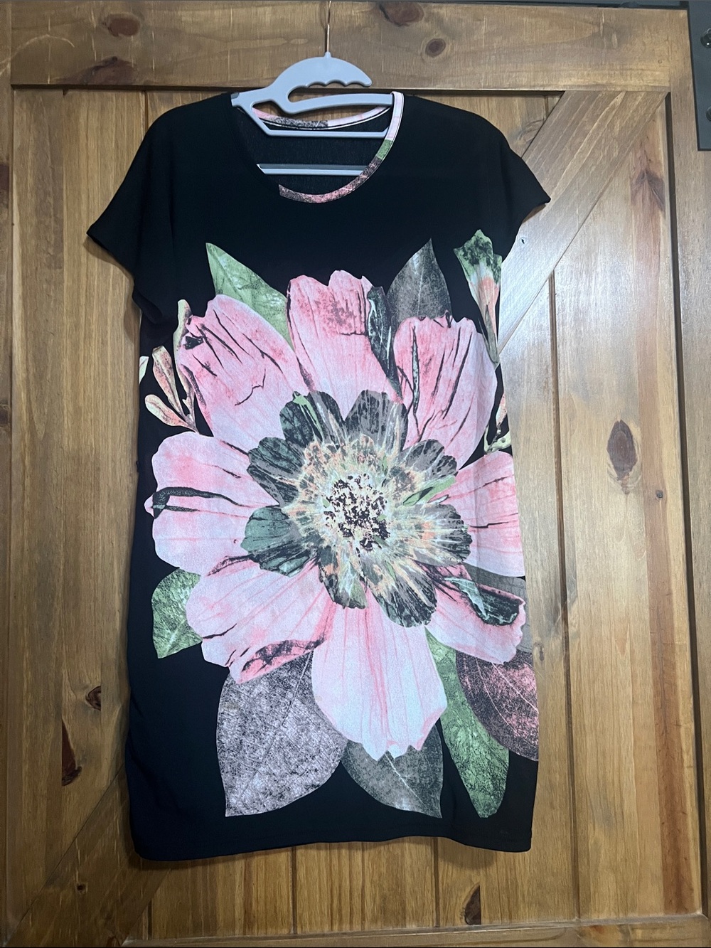 Black Shift Dress with Large Pink Floral Print